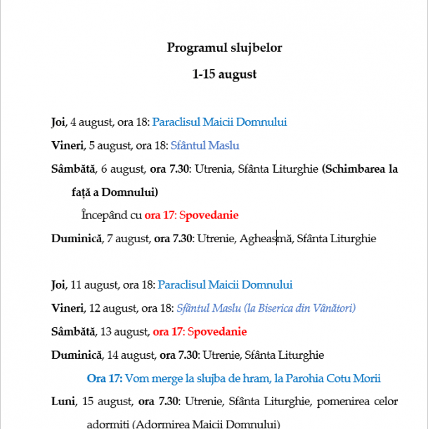 Programul slujbelor în Postul Adormirii Maicii Domnului (1-15 august 2022)